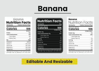 nutritional value of bananas, nutrition facts, nutrition label, banana nutrition facts, banana nutrition info, and supplement facts template design. Vector set.