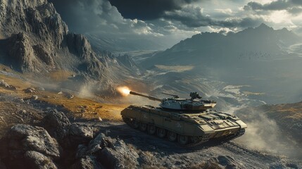 A modern tank fires its main gun in a dramatic mountainous landscape under cloudy skies