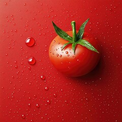 Fresh tomato with water droplets on a red surface
