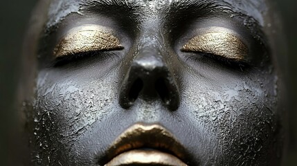 Close-up of a person's face with gold eye makeup and lips, against a dark background.