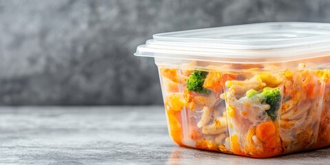 Food safety alert closeup of spoiled leftovers in plastic container kitchen environment focused view