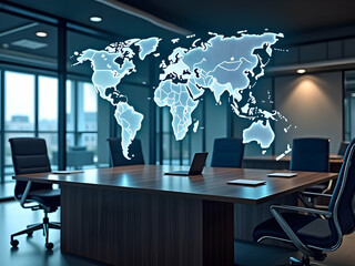 Holographic Time Zone Map Projected in Modern Office, Illustrating Global Connectivity and Futuristic Technology in a Corporate Environment with Translucent World Map