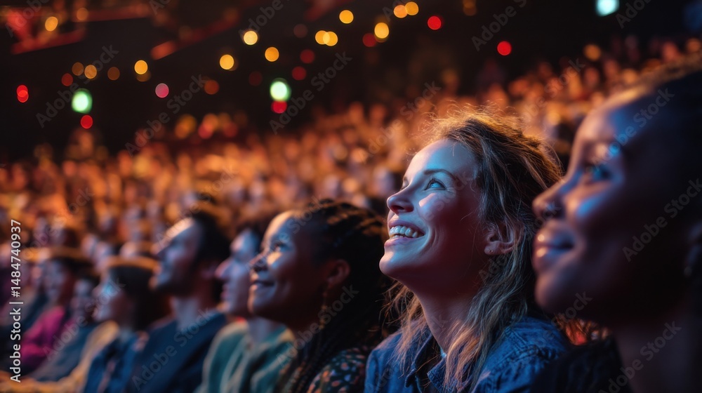 Poster diverse audience members smiling and engaged looking up at a performance, capturing the excitement o