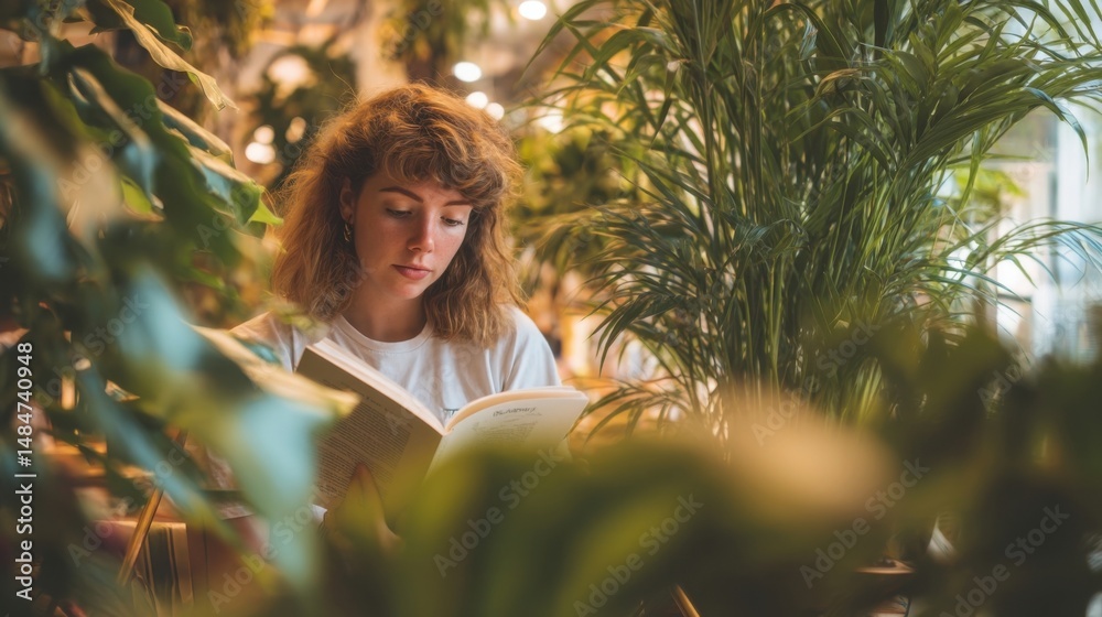 Poster woman reading book surrounded by greenery in cozy cafe, representing focus and lifelong learning and