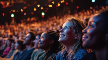 Diverse Audience Members Smiling and Engaged Looking Up at a Performance, Capturing the Excitement of Live Entertainment and Community Gathering : Generative AI