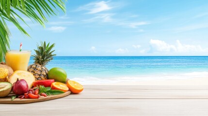 Fresh Tropical Fruits Against Scenic Ocean and Beach Background