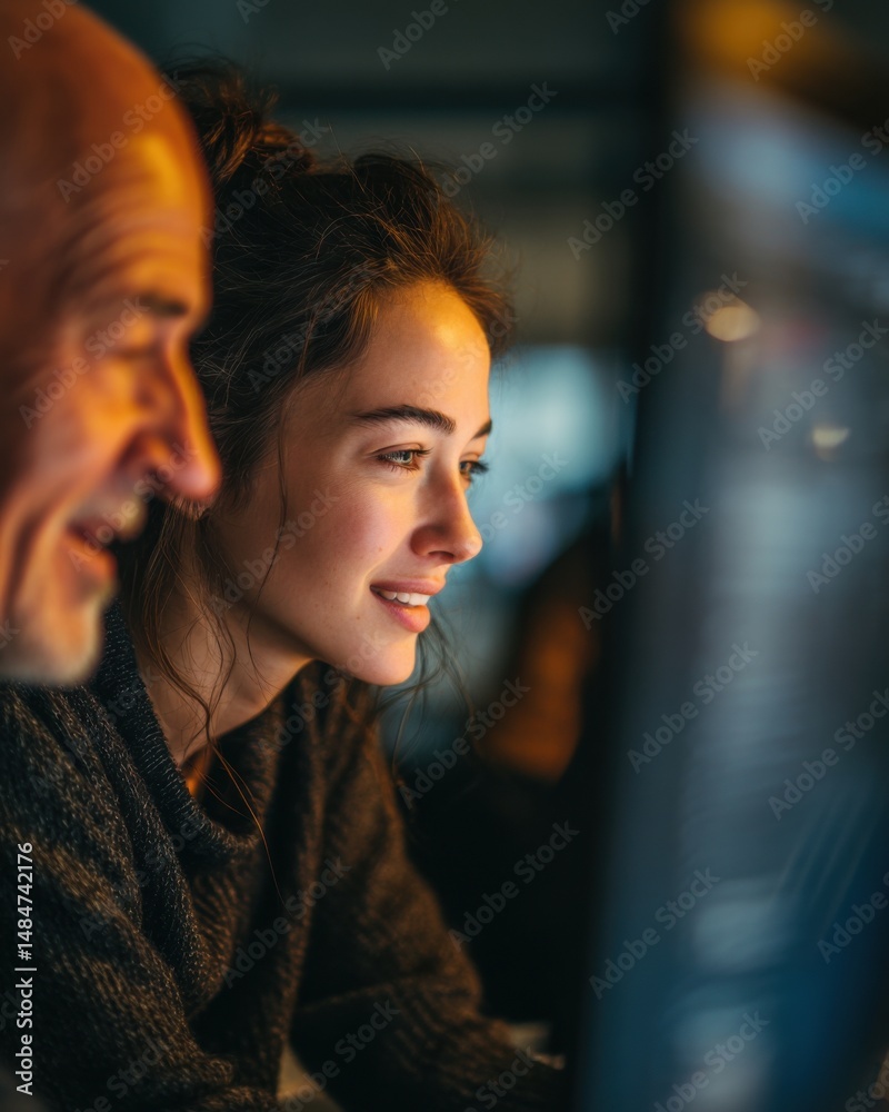 Poster close-up of young woman and older man looking at computer screen together in warm dim light, represe