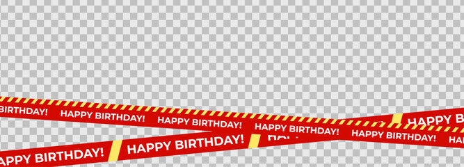 Fototapeta premium Birthday tape with red diagonal ribbons, bold Happy Birthday text, festive vibe, party caution concept. Perfect for invitations, cards, banners, packaging, events. Isolated vector illustration.
