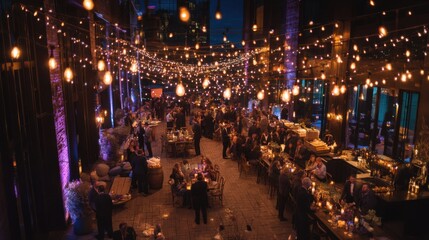 Festive Evening Gathering with Guests Enjoying Food and Drink Under String Lights, Capturing Celebration and Social Connection : Generative AI
