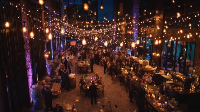Festive Evening Gathering with Guests Enjoying Food and Drink Under String Lights, Capturing Celebration and Social Connection : Generative AI