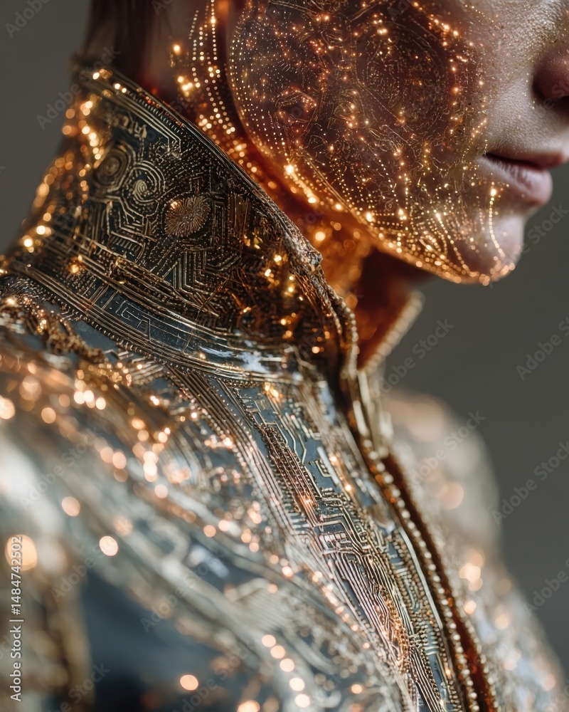 Poster Close Up of Human Face and Body Covered in Glowing Gold Circuit Board Pattern, Symbolizing Artificial Intelligence Data and the Digital Future of Technology : Generative AI