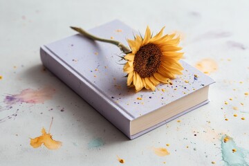 A delicate sunflower rests atop a lavender book.