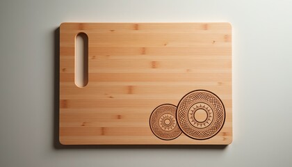 Wooden Chopping Board with Intricate Mandala Engraving in Light-toned Wood for Kitchen Preparation and Elegant Serving [with copy space]