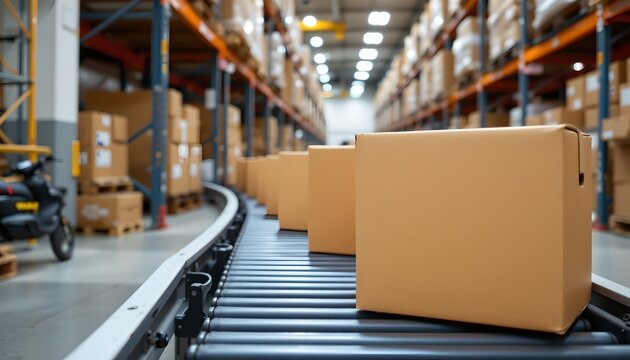 Close-up of cardboard box packages conveying a sense of order and efficiency in warehouse