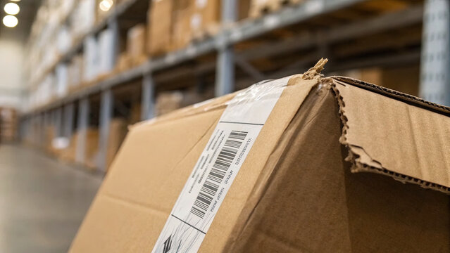 Torn shipping label on cardboard box symbolizing order cancellations, logistics problems, failed delivery and ecommerce return concept