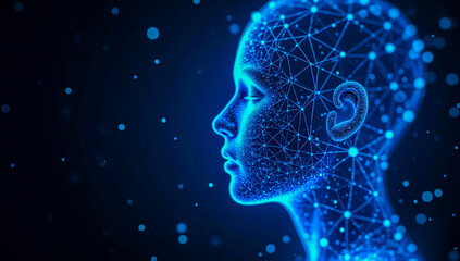 High-tech human profile built from glowing holographic lines and scattered light energy beams