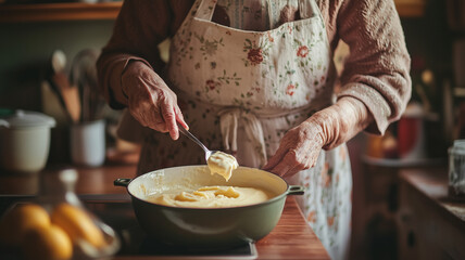 A grandmother serving homemade vanilla pudding in a cozy kitchen with warm nostalgic vibe