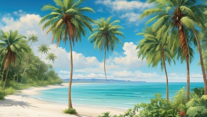 Obraz premium Tropical Beach Paradise with Palm Trees and White Sand