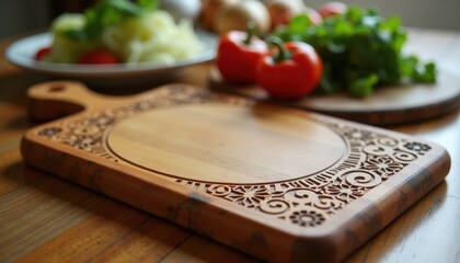 Ornate Wooden Serving Platter with Floral Perimeter Carving in Light Brown Wood Tones for Decorative Kitchenware and Food Presentation