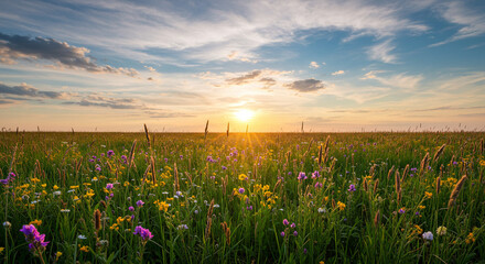 Meadow Blooms Glows at Sunset with Wildflowers, Grasses, and Sky in a Scenic View