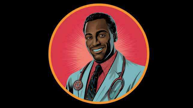 black male doctor African American pop art avatar character round icon. retro vector illustration