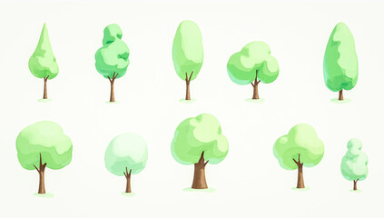 Artistic tree layouts in watercolor showing elevation and top views for eco urban designs