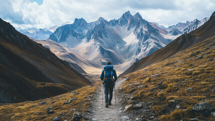 Fototapeta premium A man climbing steep concrete steps with a dramatic cityscape in the background showing determination and ambition