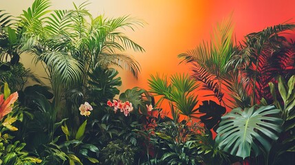 A wall filled with lush tropical plants and a subtle gradient backdrop.