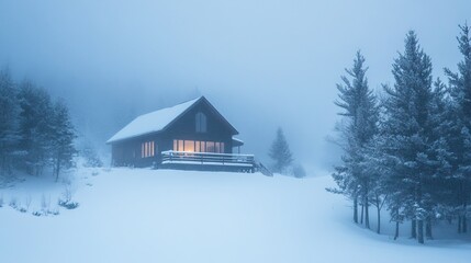 A cozy wooden cabin sits nestled in a snowy forest, shrouded in a thick fog, with warm light glowing from its windows.