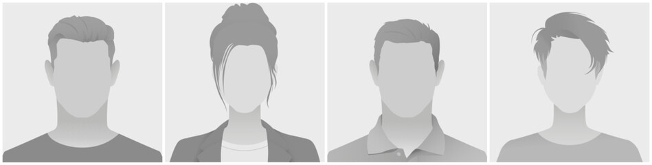 Monochrome silhouette profile avatars defoult photo placeholder feature diverse hairstyles and clothing styles. These placeholder images are ideal for social media profiles and online platforms