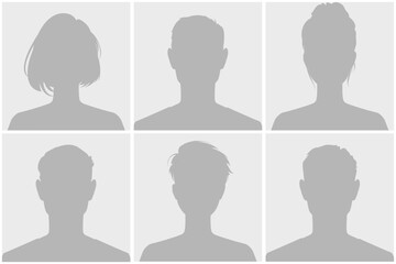 Set of six grayscale silhouette avatar defoult photo placeholder displayed in a grid. Each image shows a different hairstyle and gender from a front angle. Anonymous profiles on social media.