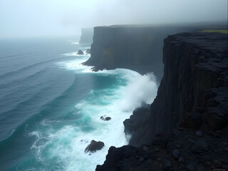 Dramatic volcanic coastline vista with powerful waves crashing against the cliffs and misty horizon, creating a captivating and photorealistic seascape