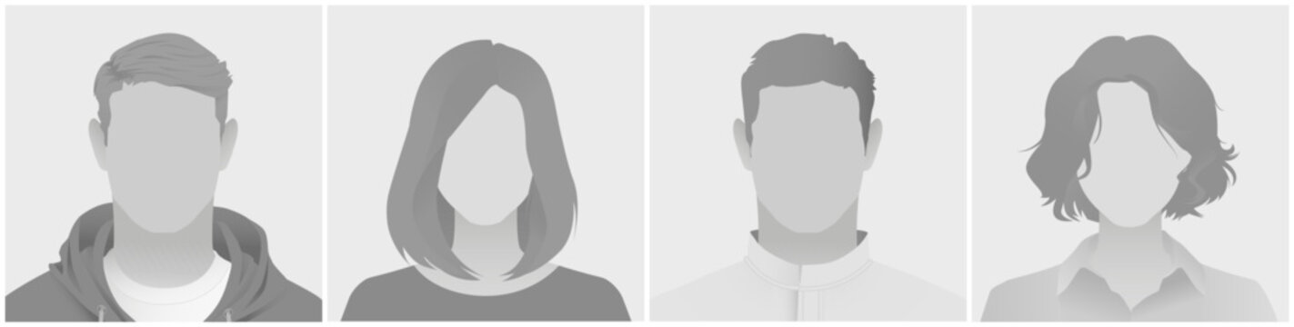 Collection of four anonymous gray silhouette avatar defoult photo placeholder for social media or profiles. Neutral expressions with distinct hairstyles highlighting individuality on gray background