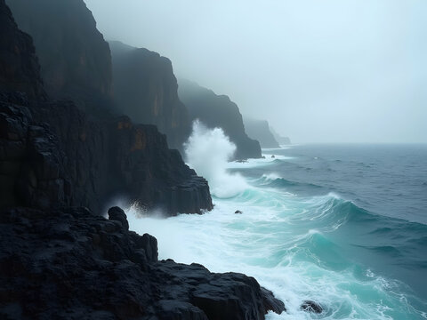 Dramatic volcanic coastline vista featuring powerful waves crashing against rugged cliffs under a misty sky creating a serene yet formidable seascape