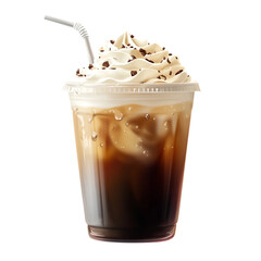 A realistic ice coffee in a transparent plastic cup with condensation, straw, and whipped cream, high resolution, no background.