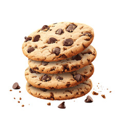 A realistic stack of chocolate chip cookies with crumbs around, slightly overhead angle, transparent background.
