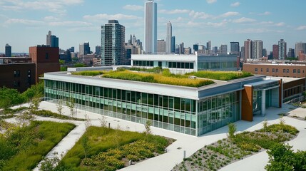 Green roofs on urban buildings promoting sustainability.