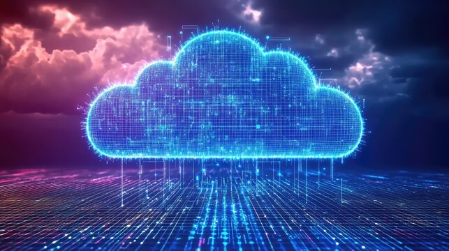 Data-driven visualization of ERP architecture with cloud integration over digital grid background