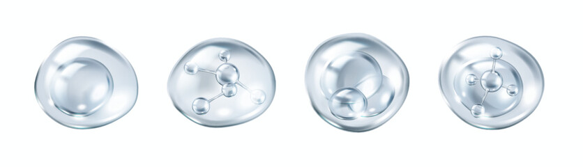 Collagen molecules encased within transparent bubbles realistic color icons set. Innovative cosmetic treatments 3d objects bundle on white