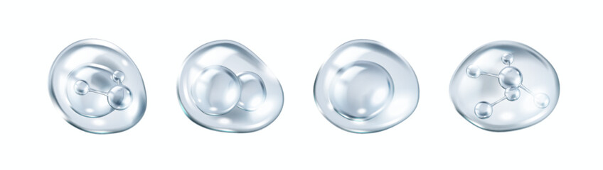 Collagen molecules bouncing inside bubbles realistic color icons set. Skincare beauty and cosmetic science 3d objects bundle on white