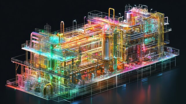 Process pipeline visualization with tech grid and layered pathways