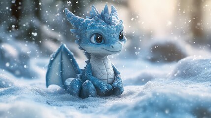 Adorable baby dragon in a winter wonderland scene with snowflakes and a smiling face