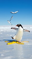Obraz premium Penguin banana fish antarctica ice snow sky animal bird funny humor comical nature wildlife slip trip