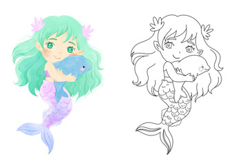 Cute little Mermaid girl hugging Dolphin. Illustration set: line coloring and color sample. Magic illustration on isolated background. Sea theme characters. Children's design for coloring pages