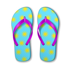 Bright and colorful flip flops with yellow sun pattern on blue. Vibrant pink straps add a striking contrast. Perfect imagery for summer and beach themes.