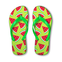 Bright flip flops with a vibrant watermelon pattern. Perfect for summer beach outings. They feature green straps and a lively fruitinspired design on light green background.