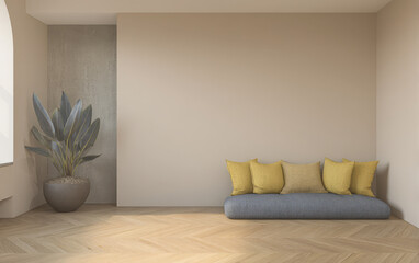 Cozy interior with modern seating and potted plant in neutral tones