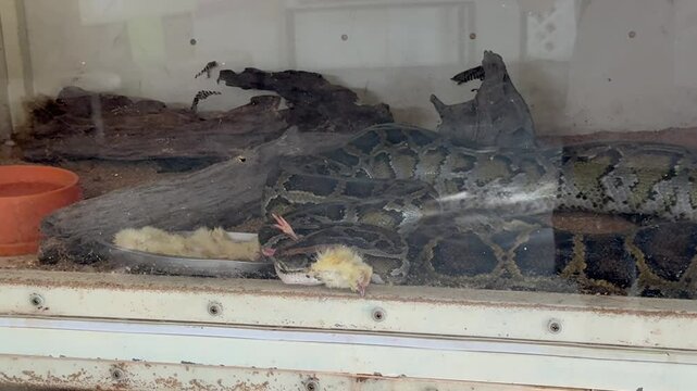 Burmese Python Eating Chick Inside Glass Enclosure in Captivity