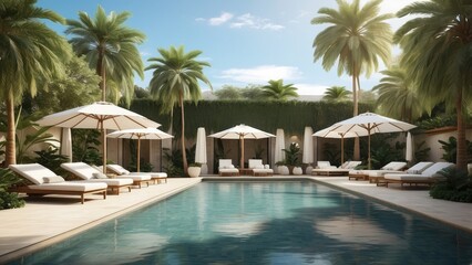 Elegant Poolside Resort with Tropical Vibes and Lounge Area