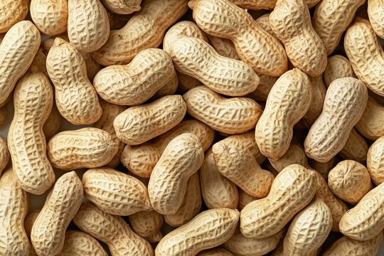 Close-up of shelled peanuts.  A pile of whole peanuts in their shells